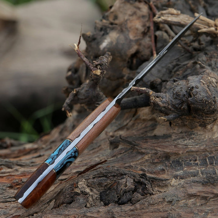 Python Damascus Gut Hook Knife with Exotic Leopard Wood &amp; Turquoise Handle - Shokunin USA