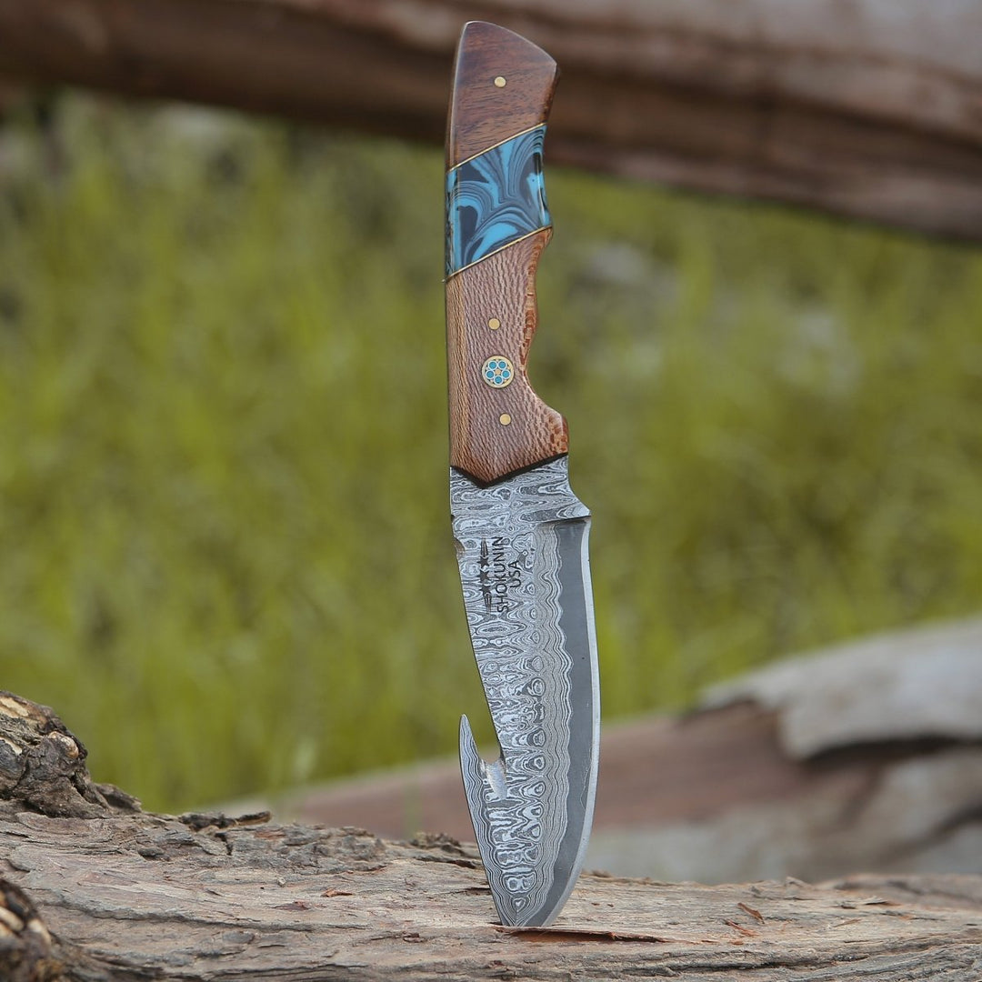 Python Damascus Gut Hook Knife with Exotic Leopard Wood &amp; Turquoise Handle - Shokunin USA