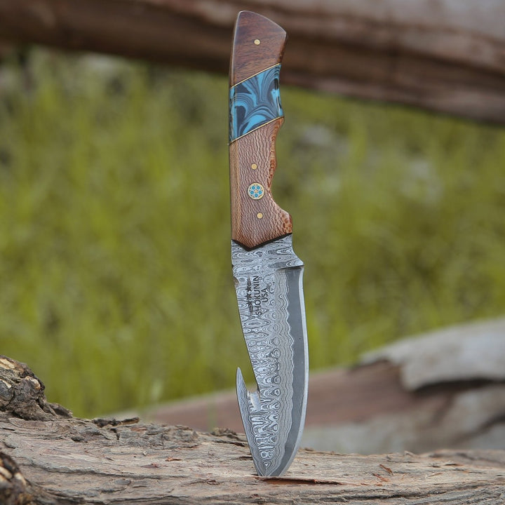 Python Damascus Gut Hook Knife with Exotic Leopard Wood &amp; Turquoise Handle - Shokunin USA
