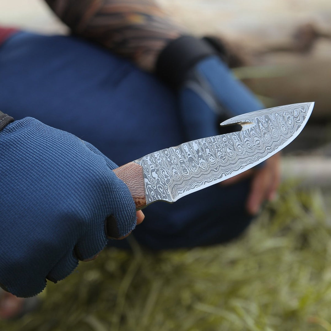 Python Damascus Gut Hook Knife with Exotic Leopard Wood &amp; Turquoise Handle - Shokunin USA