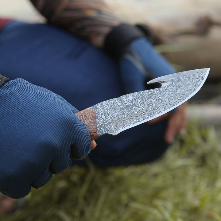 Python Damascus Gut Hook Knife with Exotic Leopard Wood &amp; Turquoise Handle - Shokunin USA