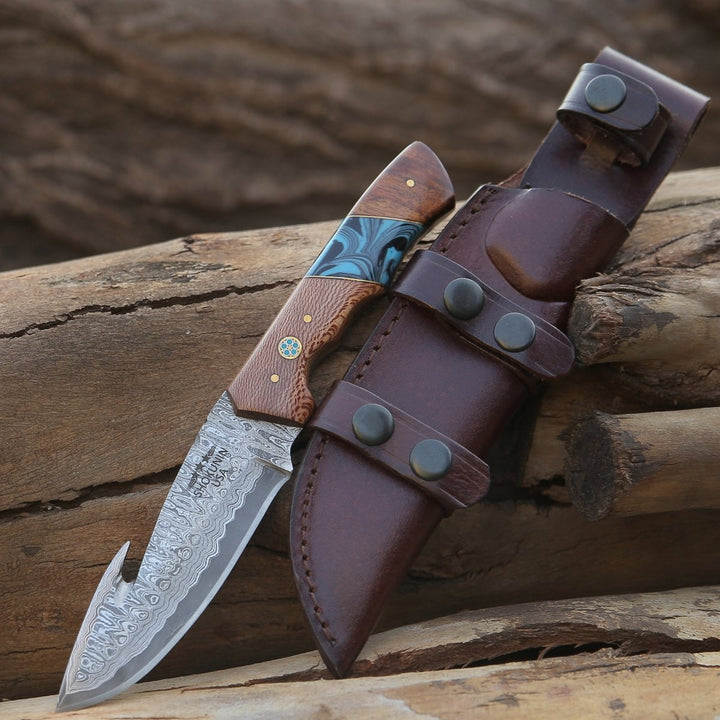 Python Damascus Gut Hook Knife with Exotic Leopard Wood &amp; Turquoise Handle - Shokunin USA