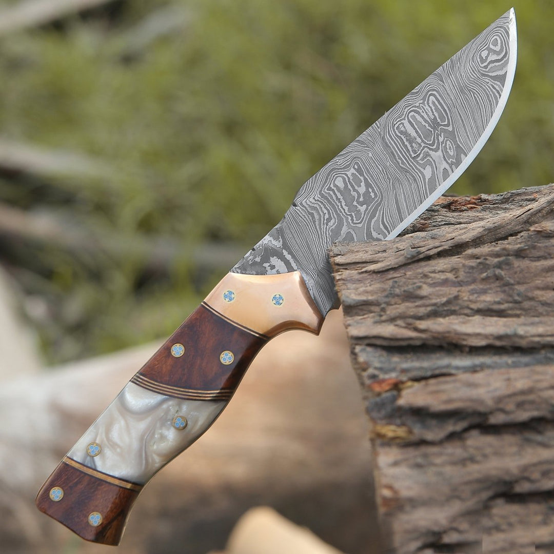 Reaper Damascus Hunting Knife with Mother of Pearl, Exotic Rose Wood and Copper Handle - Shokunin USA