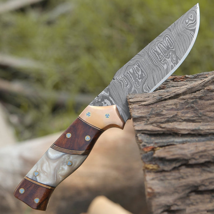 Reaper Damascus Hunting Knife with Mother of Pearl, Exotic Rose Wood and Copper Handle - Shokunin USA