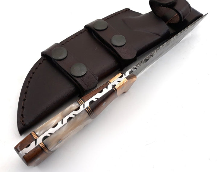 Reaper Damascus Hunting Knife with Mother of Pearl, Exotic Rose Wood and Copper Handle - Shokunin USA