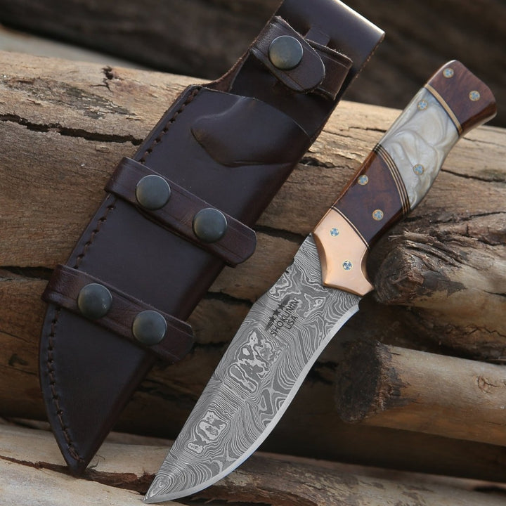 Reaper Damascus Hunting Knife with Mother of Pearl, Exotic Rose Wood and Copper Handle - Shokunin USA