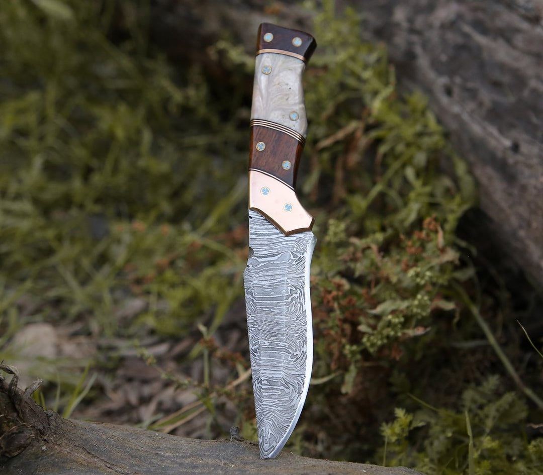Reaper Damascus Hunting Knife with Mother of Pearl, Exotic Rose Wood and Copper Handle - Shokunin USA