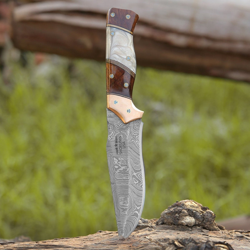 Reaper Damascus Hunting Knife with Mother of Pearl, Exotic Rose Wood and Copper Handle - Shokunin USA