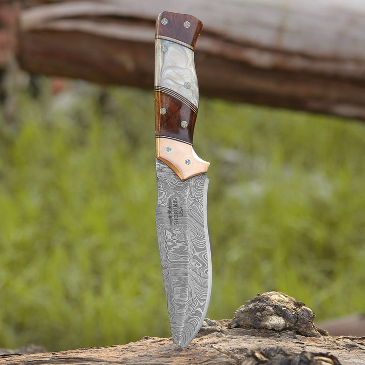 Reaper Damascus Hunting Knife with Mother of Pearl, Exotic Rose Wood and Copper Handle - Shokunin USA