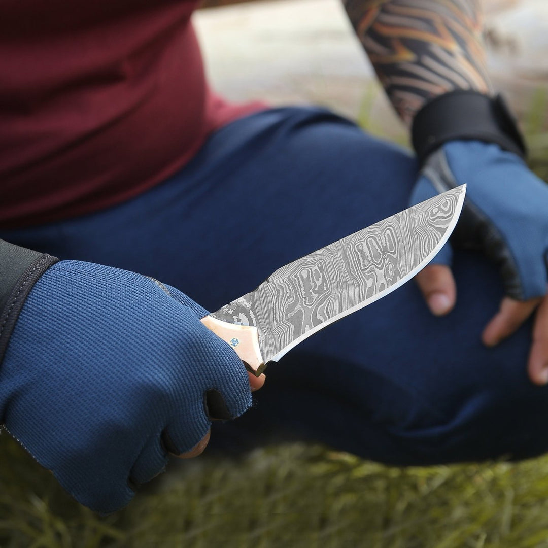 Reaper Damascus Hunting Knife with Mother of Pearl, Exotic Rose Wood and Copper Handle - Shokunin USA