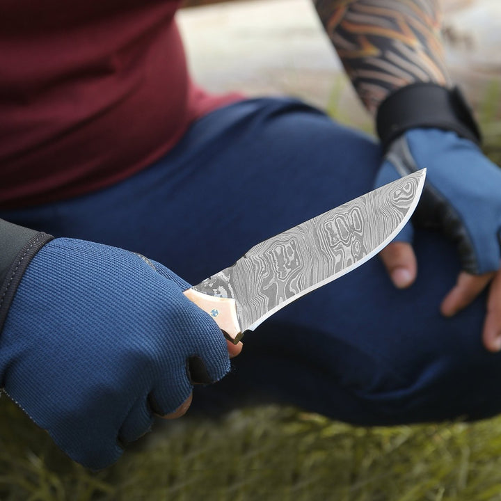 Reaper Damascus Hunting Knife with Mother of Pearl, Exotic Rose Wood and Copper Handle - Shokunin USA