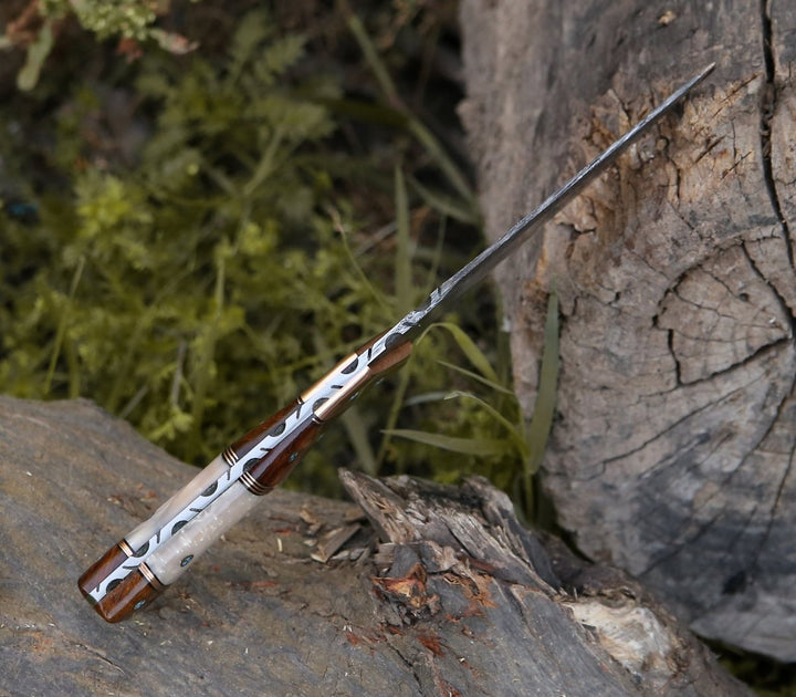 Reaper Damascus Hunting Knife with Mother of Pearl, Exotic Rose Wood and Copper Handle - Shokunin USA