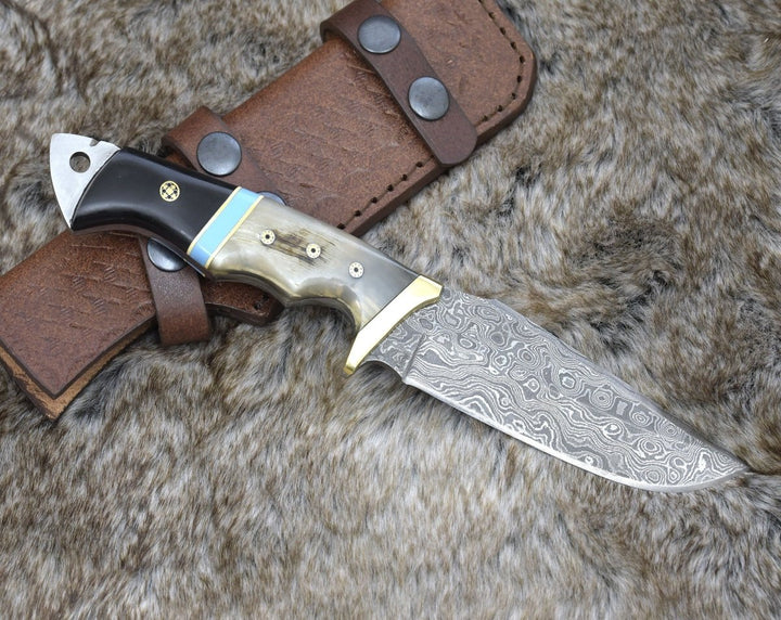 Damascus Knife - Reaver Hunting Knife with Ram Horn &amp; Turquoise Handle - Shokunin USA