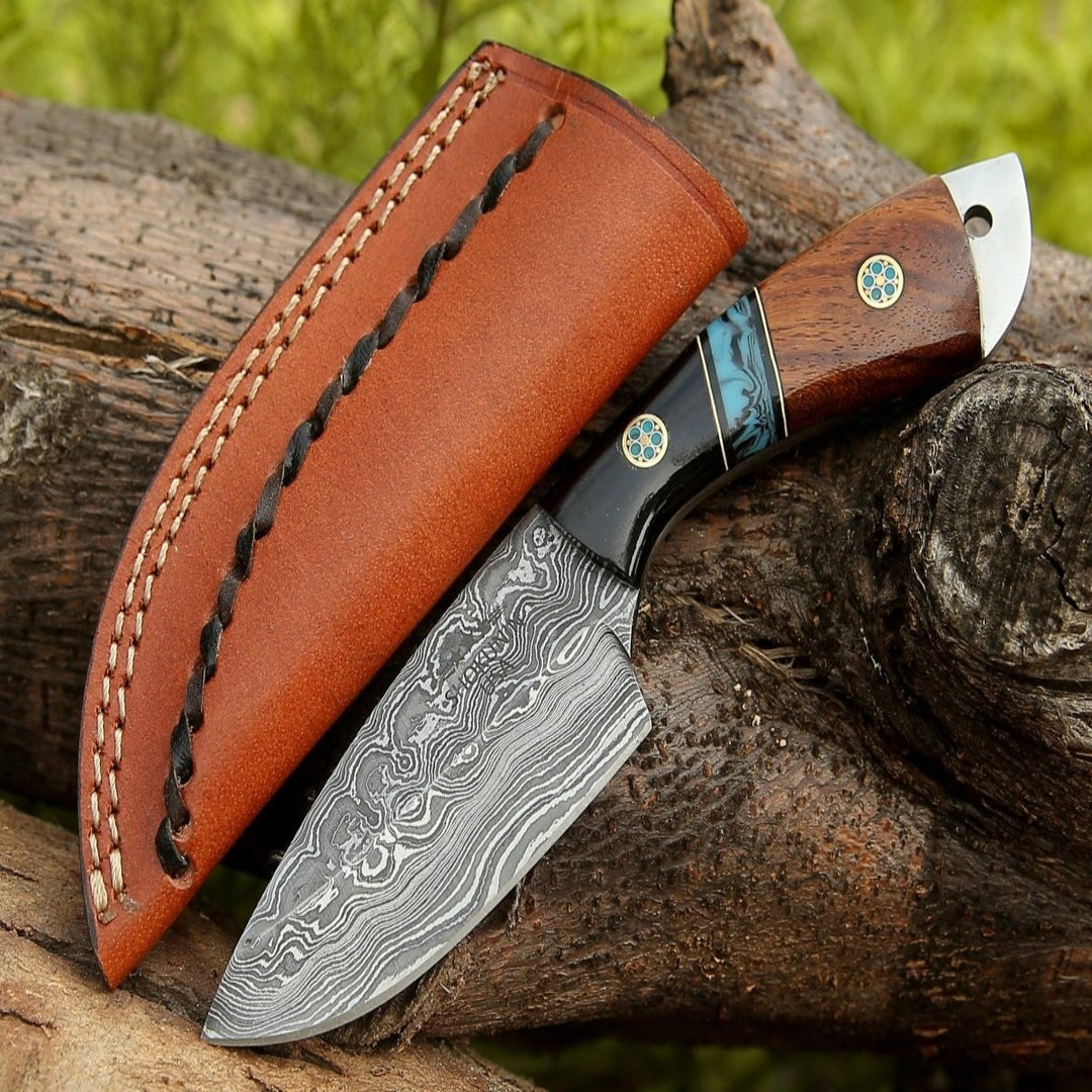 Rift Damascus Skinning Knife with Exotic Rosewood & Resin Handle - Shokunin USA