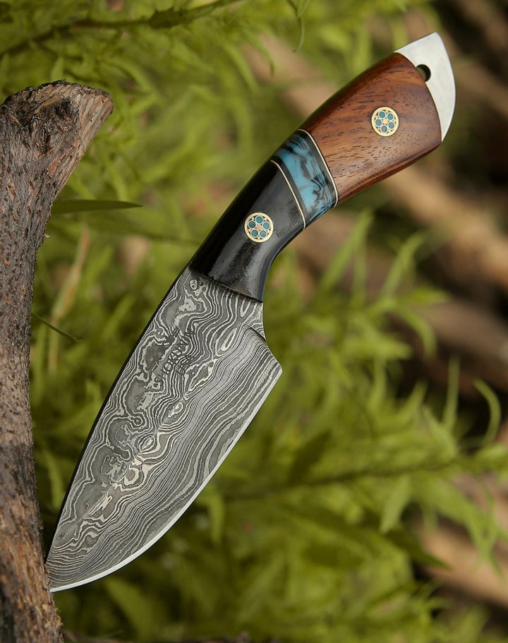 Rift Damascus Skinning Knife with Exotic Rosewood &amp; Resin Handle - Shokunin USA
