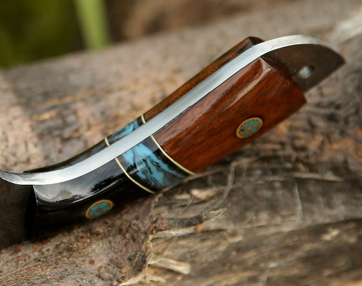 Rift Damascus Skinning Knife with Exotic Rosewood &amp; Resin Handle - Shokunin USA