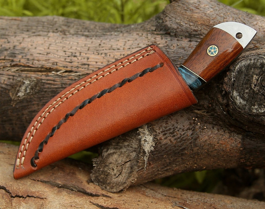 Rift Damascus Skinning Knife with Exotic Rosewood &amp; Resin Handle - Shokunin USA