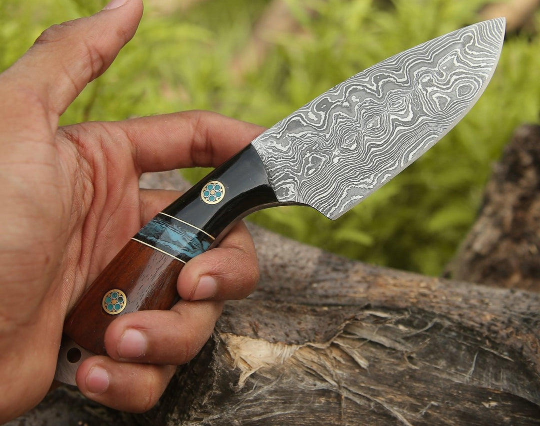 Rift Damascus Skinning Knife with Exotic Rosewood &amp; Resin Handle - Shokunin USA