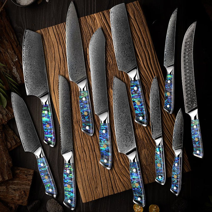 Knife Set - Ronin VG10 Kitchen knife Set - Damascus Steel &amp; Abalone Shell Handle - Shokunin USA