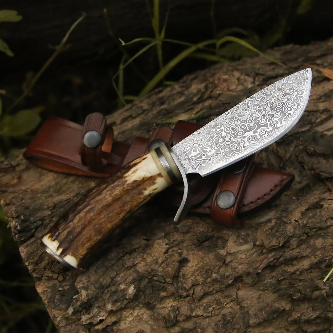 Serpent Damascus Hunting Knife with Antler Handle - Shokunin USA