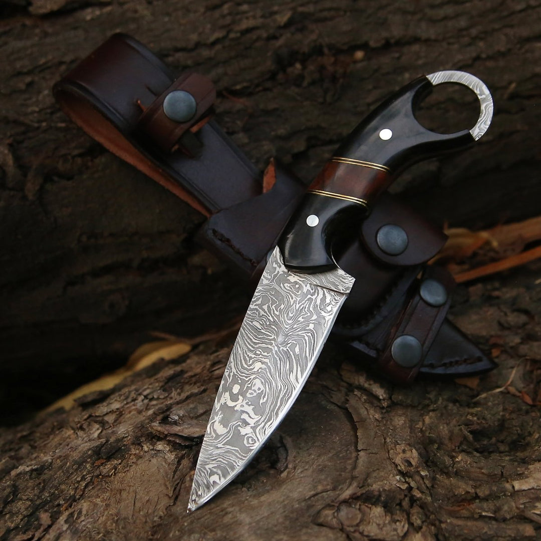 Shadow Damascus Knife with Horn & Exotic Rose Wood Handle - Shokunin USA