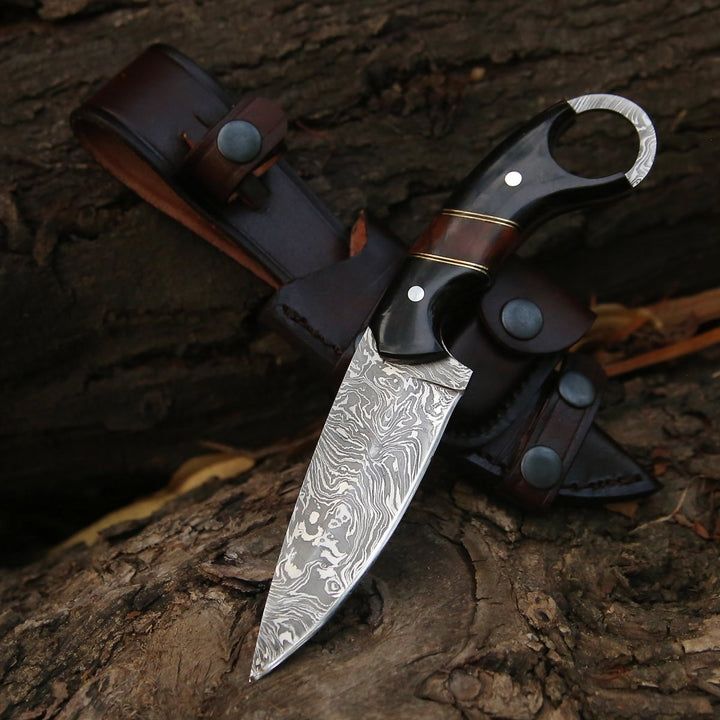 Shadow Damascus Knife with Horn &amp; Exotic Rose Wood Handle - Shokunin USA