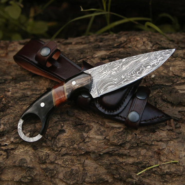 Shadow Damascus Knife with Horn &amp; Exotic Rose Wood Handle - Shokunin USA