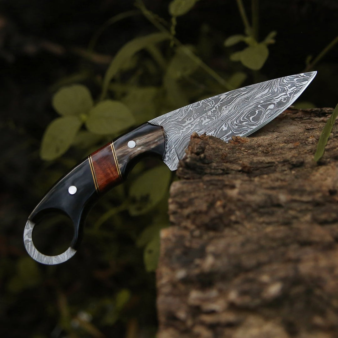 Shadow Damascus Knife with Horn &amp; Exotic Rose Wood Handle - Shokunin USA