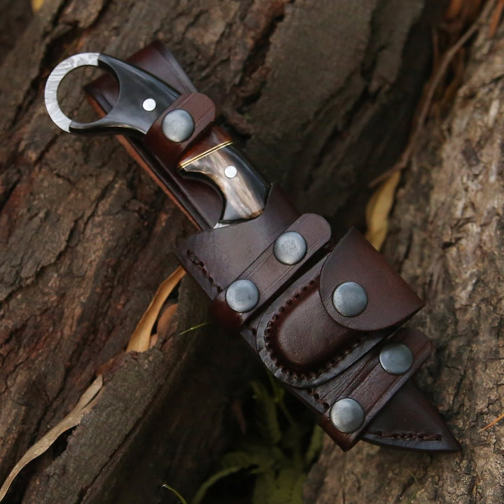 Shadow Damascus Knife with Horn &amp; Exotic Rose Wood Handle - Shokunin USA