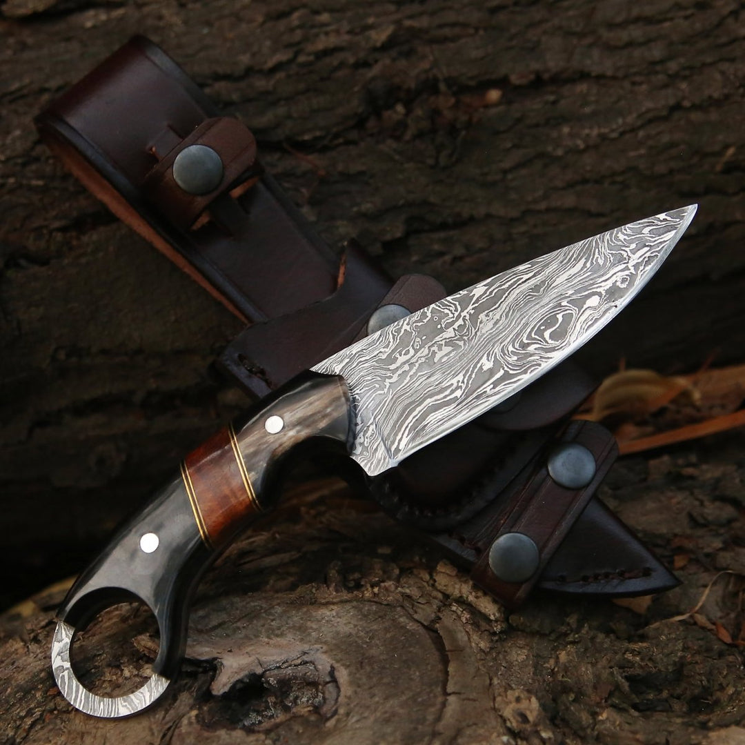 Shadow Damascus Knife with Horn &amp; Exotic Rose Wood Handle - Shokunin USA
