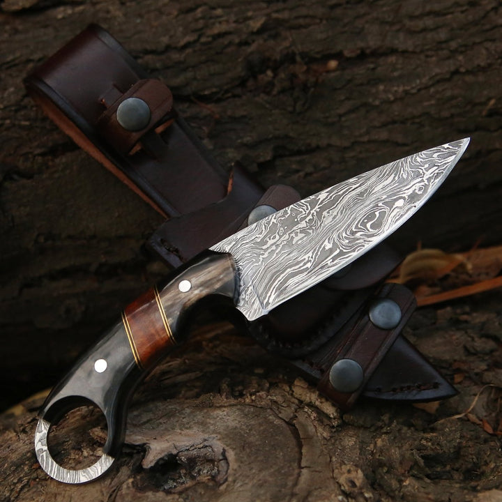 Shadow Damascus Knife with Horn &amp; Exotic Rose Wood Handle - Shokunin USA