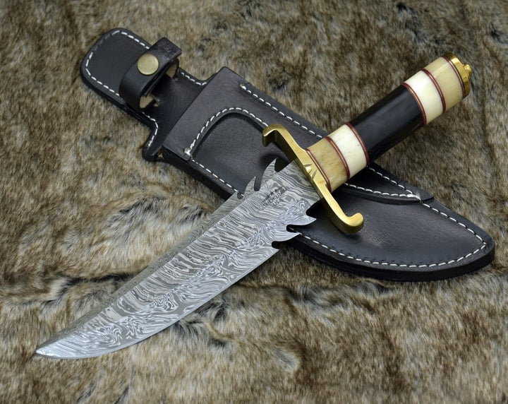 Damascus Knife - Damascus Bowie Knife with Bone &amp; Horn Handle - Shokunin USA