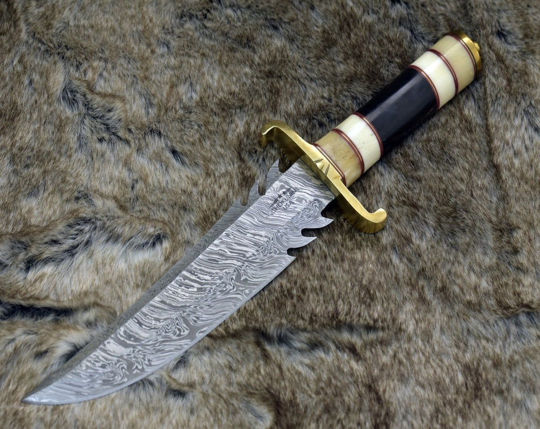 Damascus Knife - Damascus Bowie Knife with Bone &amp; Horn Handle - Shokunin USA