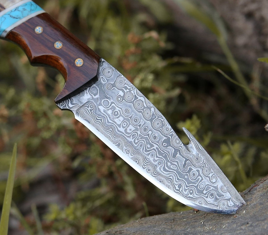 Thunder Damascus Gut Hook Knife with Stag Horn, Wenge Wood &amp; Turquoise Handle - Shokunin USA