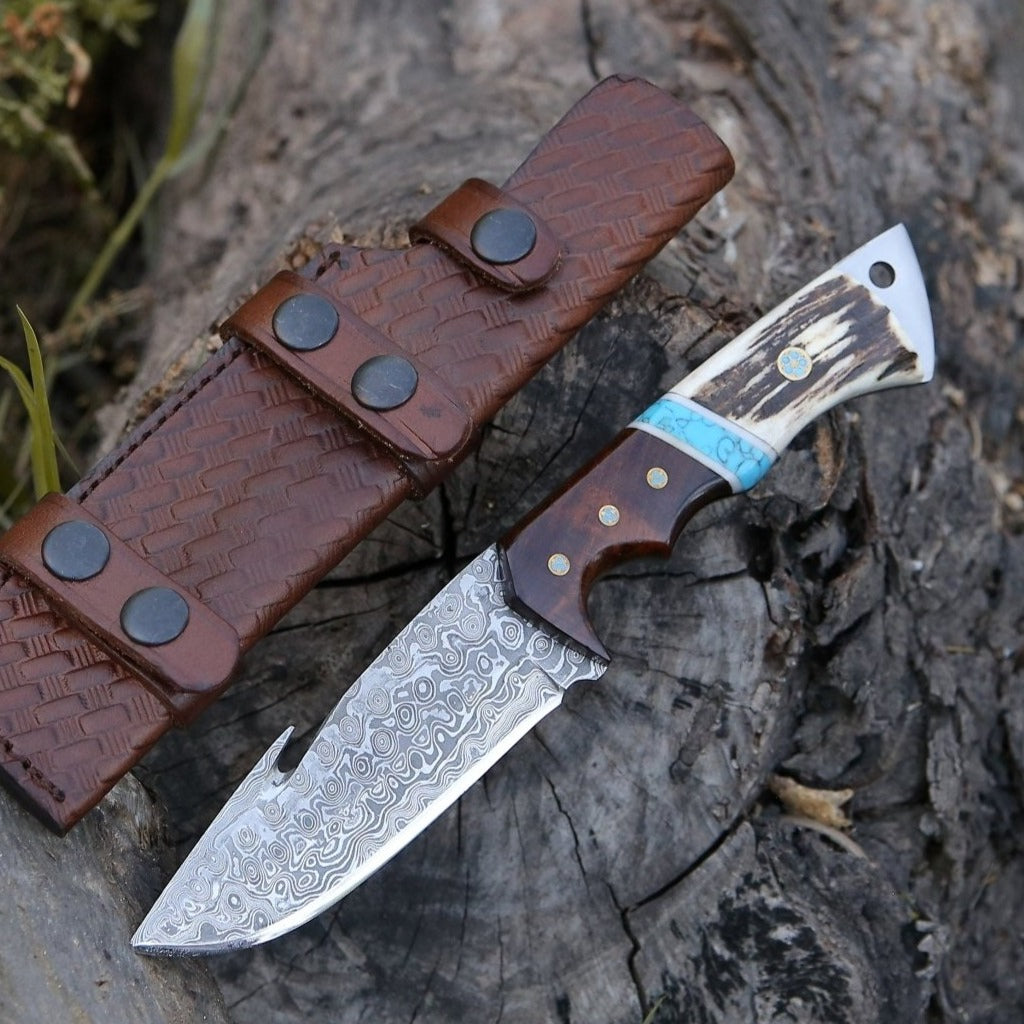 Thunder Damascus Gut Hook Knife with Stag Horn, Wenge Wood &amp; Turquoise Handle - Shokunin USA