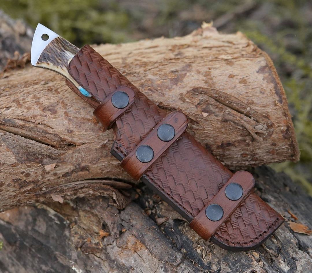 Thunder Damascus Gut Hook Knife with Stag Horn, Wenge Wood &amp; Turquoise Handle - Shokunin USA
