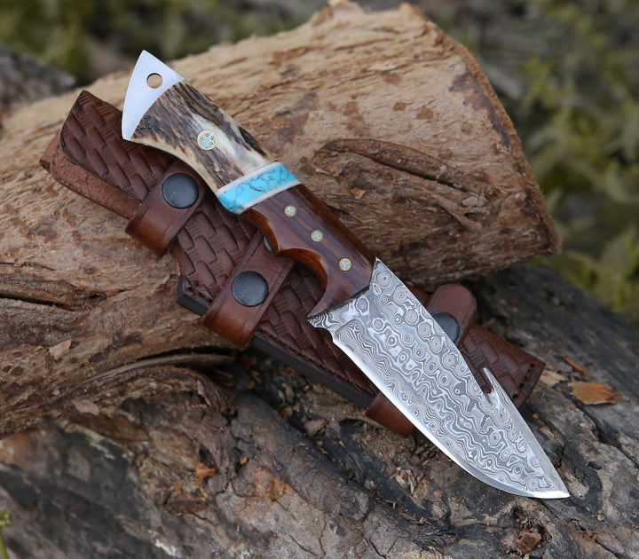 Thunder Damascus Gut Hook Knife with Stag Horn, Wenge Wood &amp; Turquoise Handle - Shokunin USA