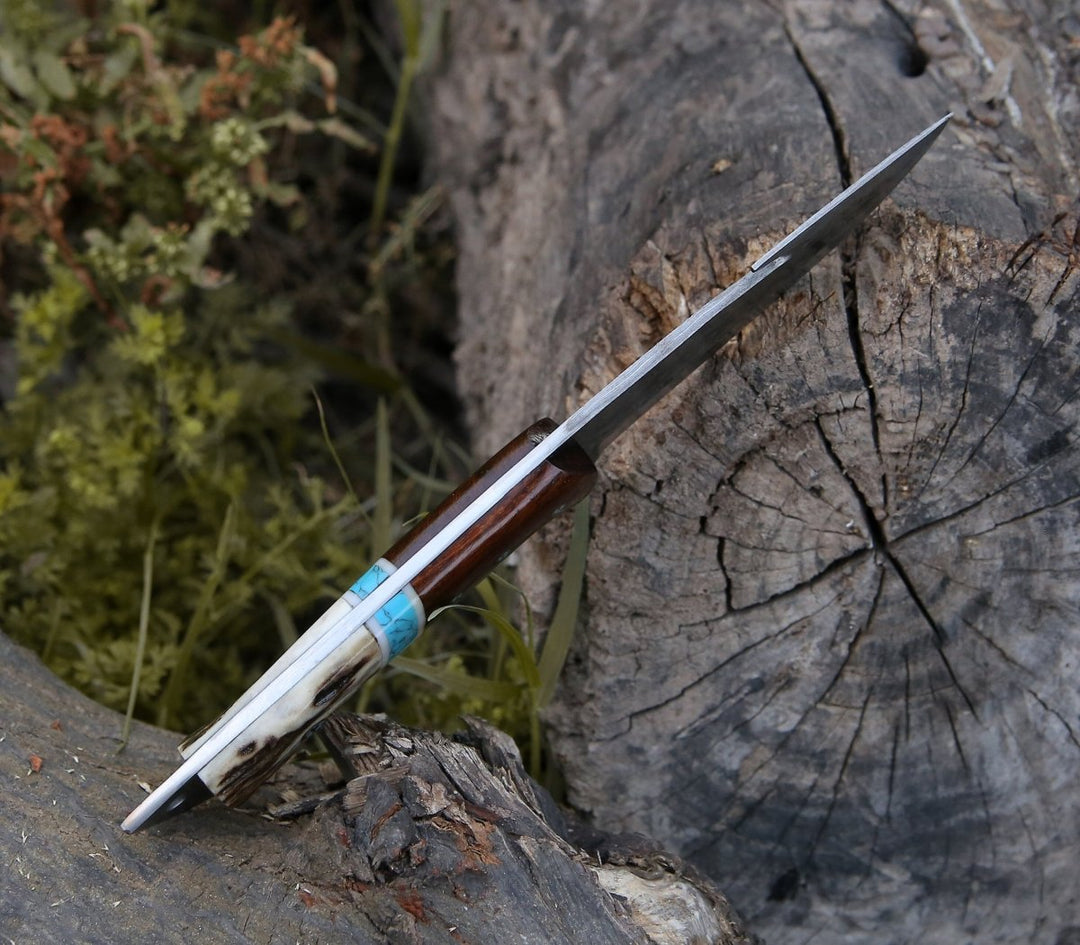 Thunder Damascus Gut Hook Knife with Stag Horn, Wenge Wood &amp; Turquoise Handle - Shokunin USA