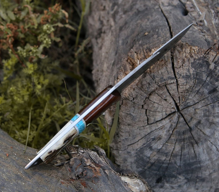 Thunder Damascus Gut Hook Knife with Stag Horn, Wenge Wood &amp; Turquoise Handle - Shokunin USA