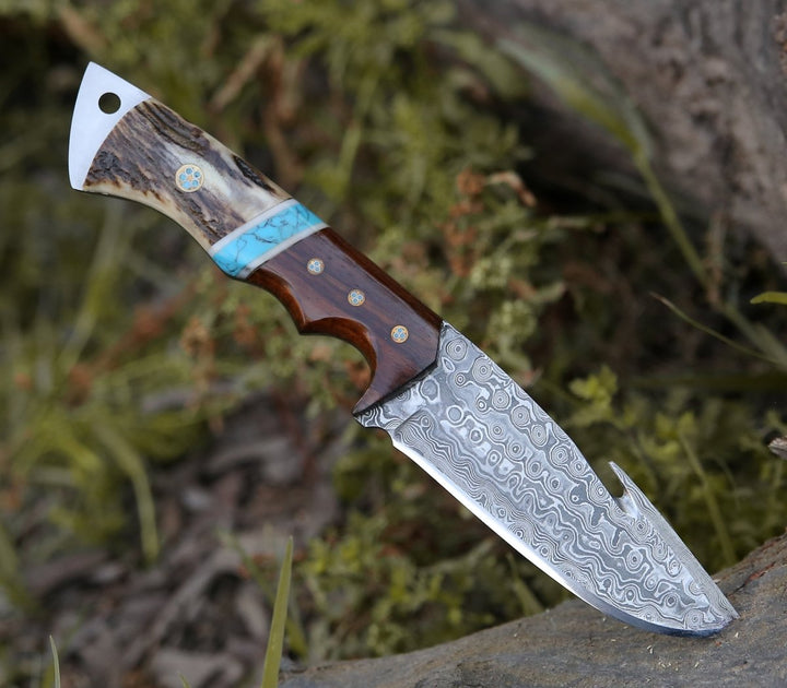 Thunder Damascus Gut Hook Knife with Stag Horn, Wenge Wood &amp; Turquoise Handle - Shokunin USA