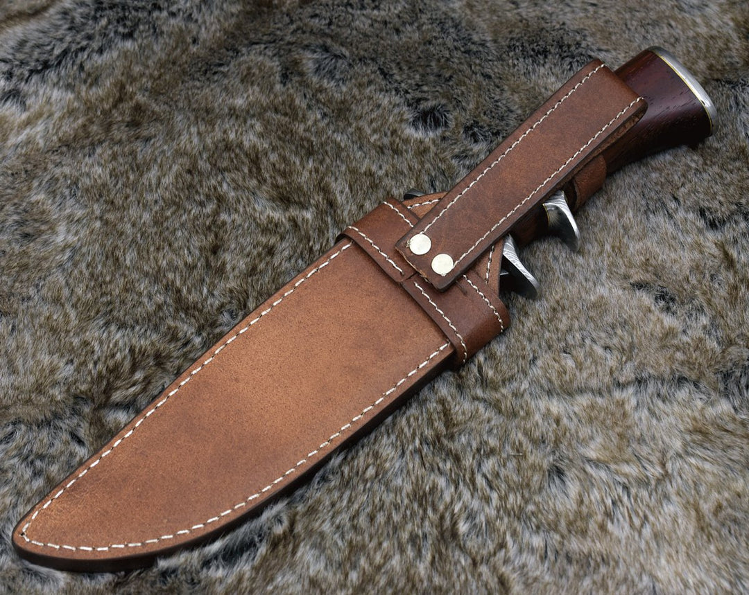 Utility Knife - Tide Damascus Bowie Knife with Exotic Red Heart Wood Handle &amp; Sheath - Shokunin USA