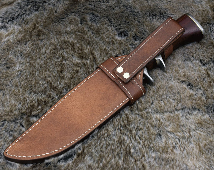 Utility Knife - Tide Damascus Bowie Knife with Exotic Red Heart Wood Handle &amp; Sheath - Shokunin USA