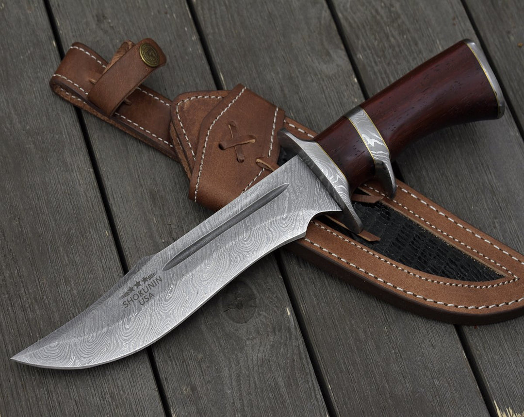 Utility Knife - Tide Damascus Bowie Knife with Exotic Red Heart Wood Handle &amp; Sheath - Shokunin USA