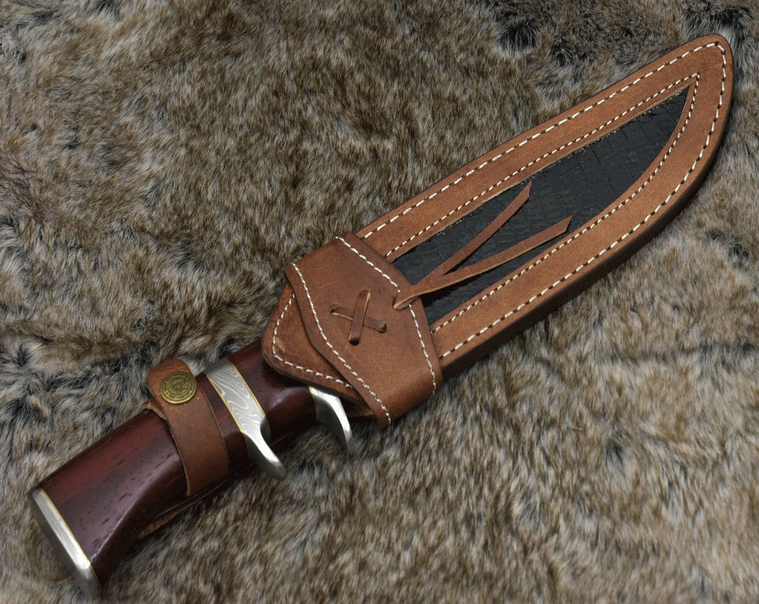 Utility Knife - Tide Damascus Bowie Knife with Exotic Red Heart Wood Handle &amp; Sheath - Shokunin USA
