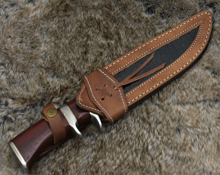 Utility Knife - Tide Damascus Bowie Knife with Exotic Red Heart Wood Handle &amp; Sheath - Shokunin USA