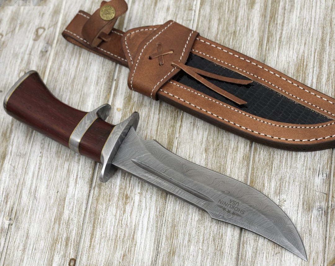 Utility Knife - Tide Damascus Bowie Knife with Exotic Red Heart Wood Handle &amp; Sheath - Shokunin USA
