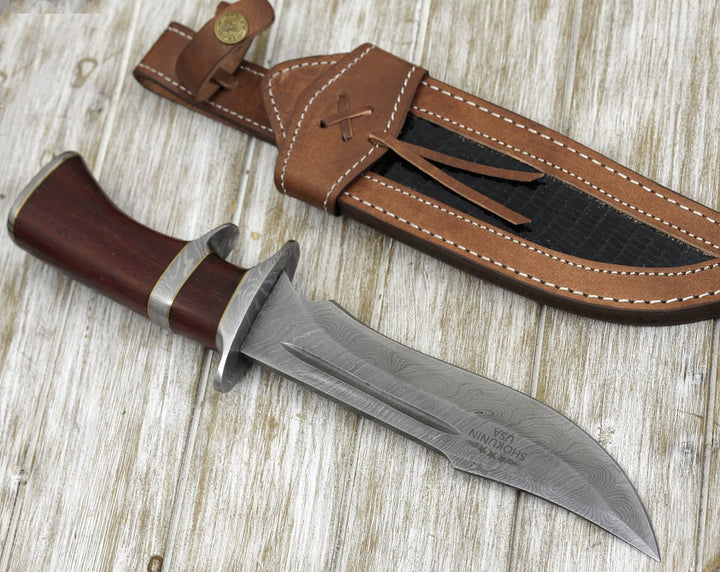 Utility Knife - Tide Damascus Bowie Knife with Exotic Red Heart Wood Handle &amp; Sheath - Shokunin USA