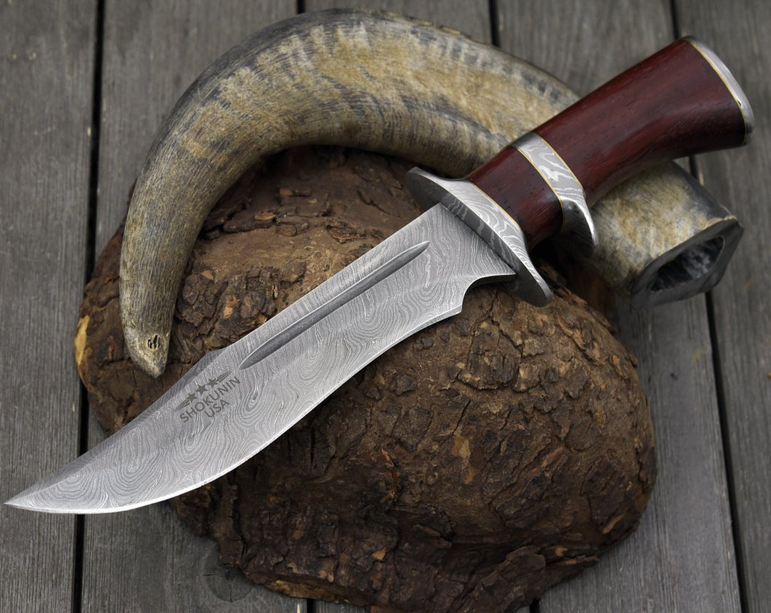 Utility Knife - Tide Damascus Bowie Knife with Exotic Red Heart Wood Handle &amp; Sheath - Shokunin USA