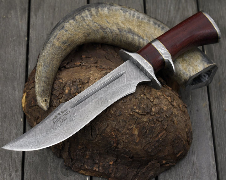 Utility Knife - Tide Damascus Bowie Knife with Exotic Red Heart Wood Handle &amp; Sheath - Shokunin USA