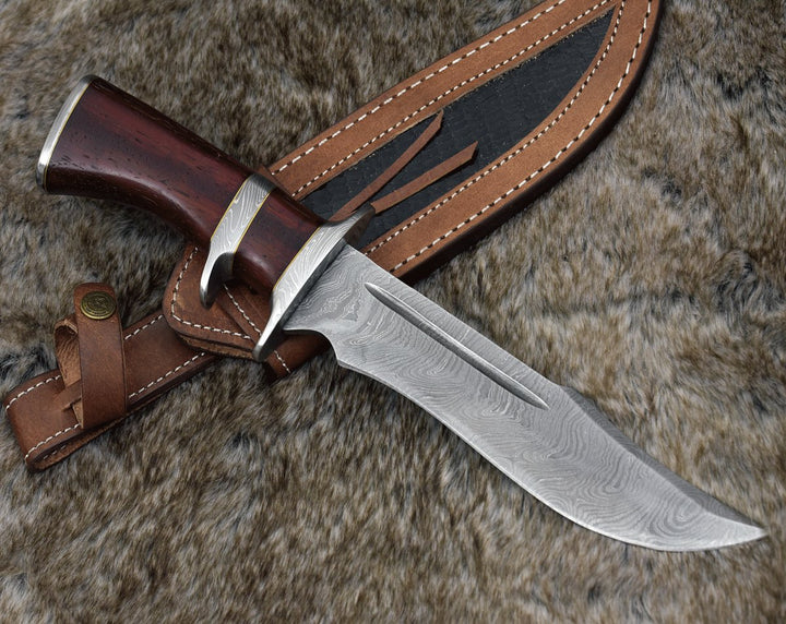 Utility Knife - Tide Damascus Bowie Knife with Exotic Red Heart Wood Handle &amp; Sheath - Shokunin USA